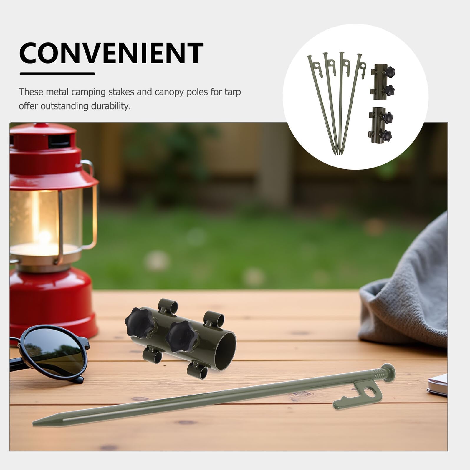 Toyvian Piquets de Camping en Acier Militaire Robustes Vert Armée, Kit Fixation pour Mâts de Tente Télescopiques avec 2 Fixateurs Réglables et 4 Piquets de 30 Cm, Accessoire pour Camping