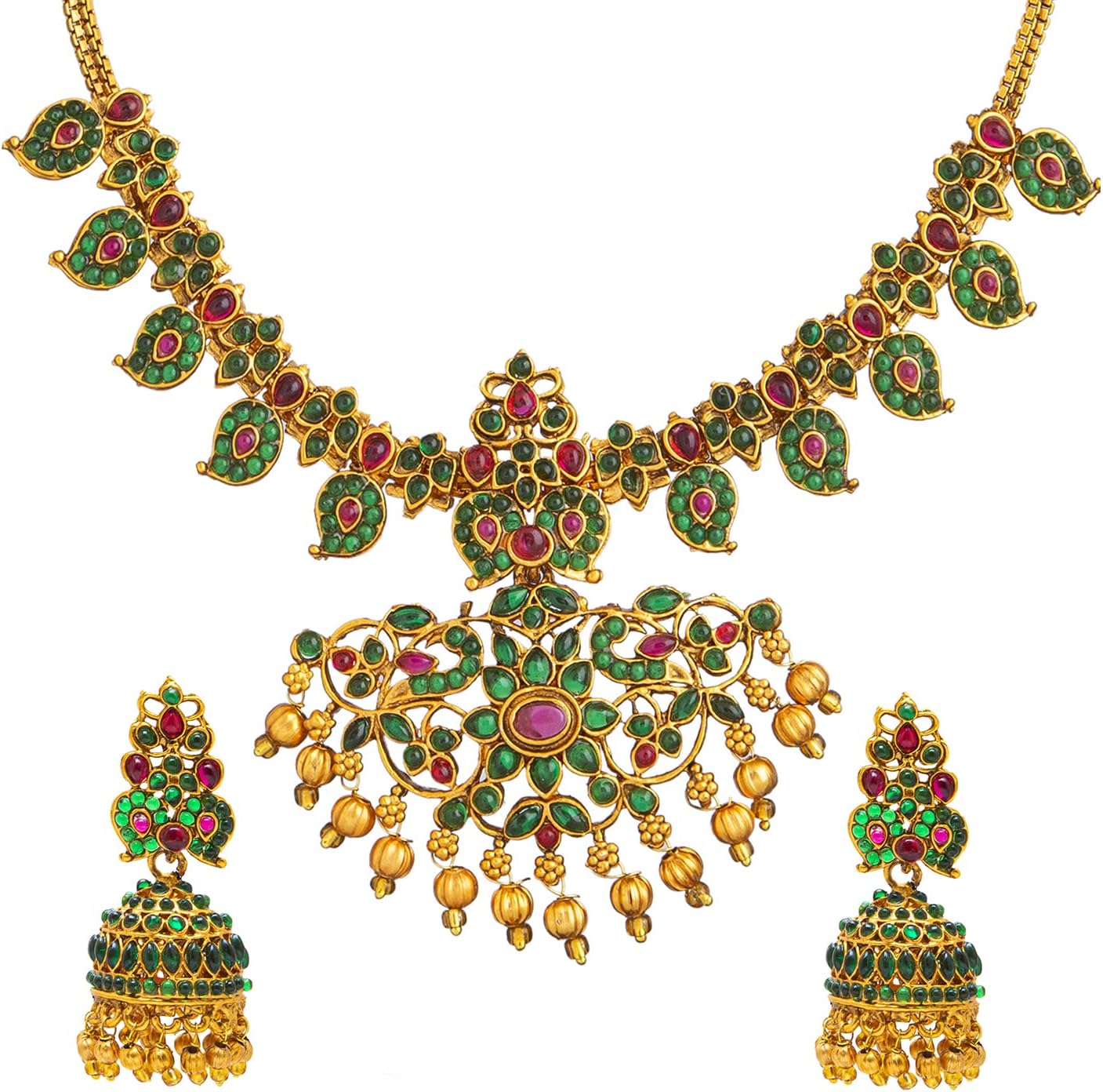 Traditional Indian Antique Gold Plated Temple Jewelry Traditional Long Bridal Jewelry Necklace Set for Women (SJN_37)