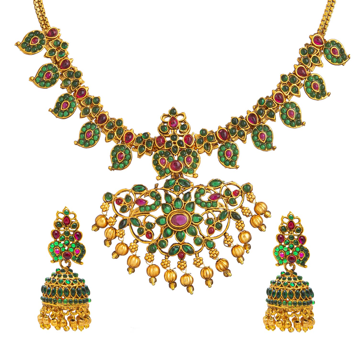 BodhaTraditional Indian Antique Gold Plated Temple Jewelry Traditional Long Bridal Jewelry Necklace Set for Women (SJN_37)