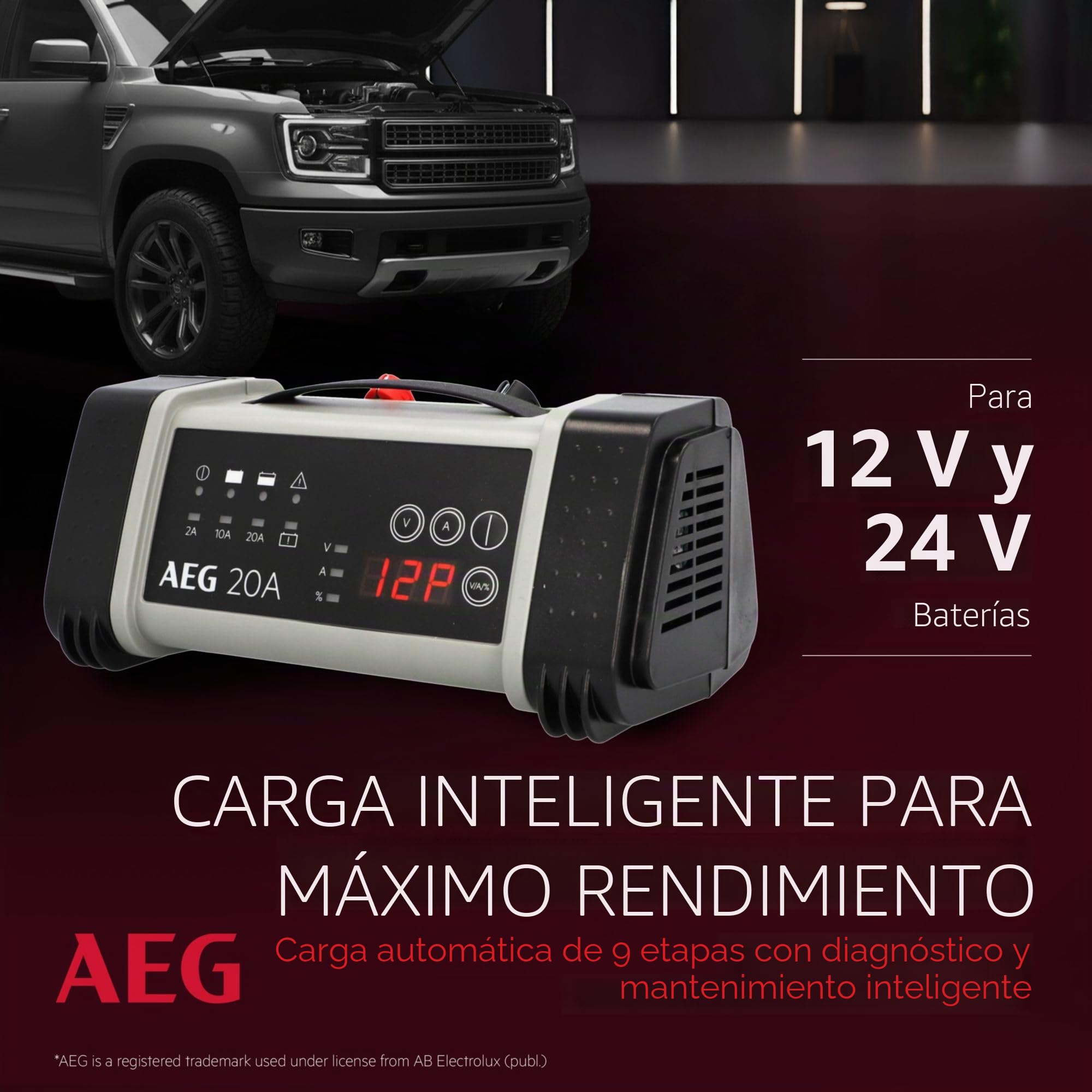 AEG 97025 - Cargador de batería para microprocesador LT, para 12/24 V, 9 Niveles, Power Supply, compensación automática de Temperatura, Blanco / Rojo, 20 Ampere