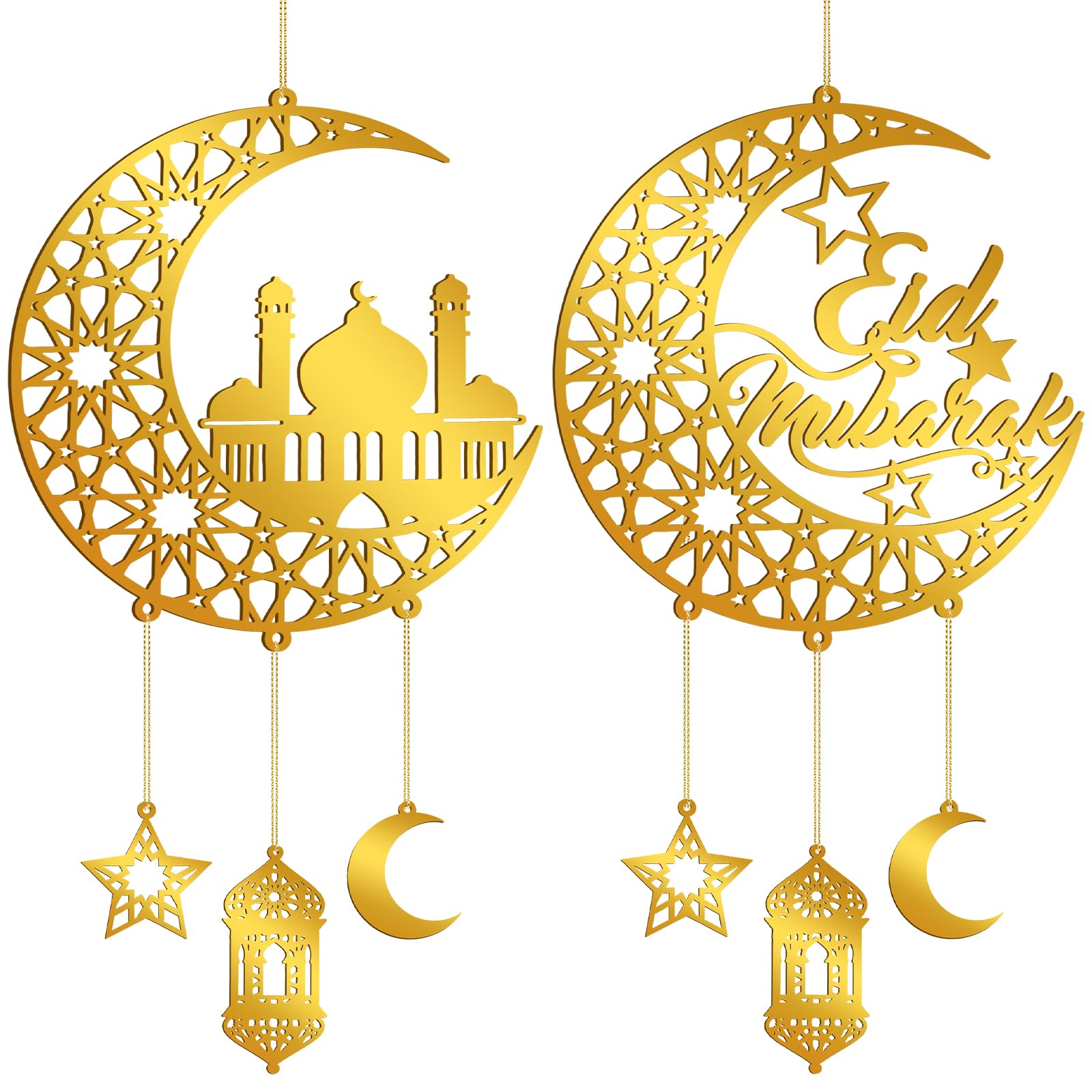 2 Pcs Ramadan Decorations for Home Islamic Eid Mubarak Door Sign Acrylic Hanging Signs Ramadan Kareem Hollow Star Moon Decoration for Door Wall Window Islamic Muslim Home Decor