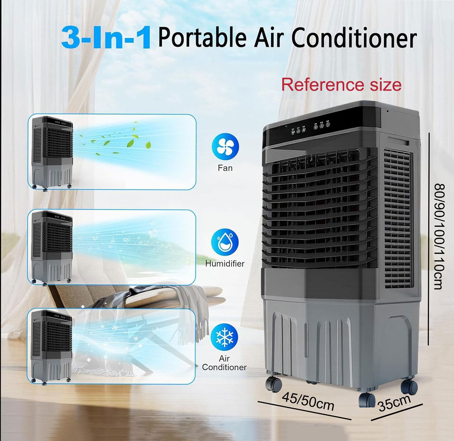 Condizionatore d'aria portatile, raffreddatore evaporativo con 3 velocità e 3 modalità, telecomando, ventola di raffreddamento oscillante a 60° per camera e ufficio