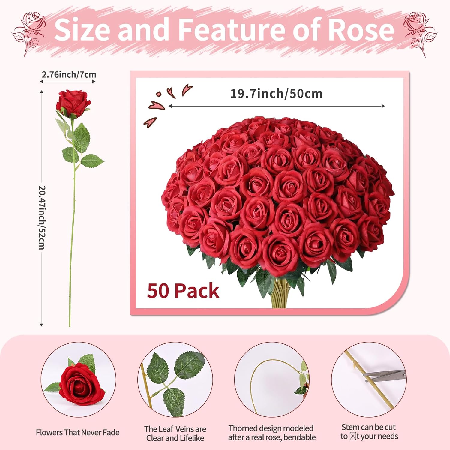 50 PCS Red Roses Artificial Flowers, Fake Red Rose Bouquet, Artificial Silk Red Roses with Stems for DIY Wedding Flowers Decoration, Valentines Day Mothers Day, Bridal Bouquet Roses - Image 2