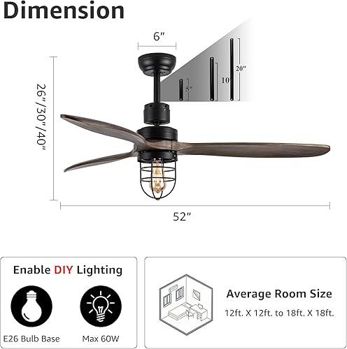 Miniatura 7 de Ceiling Fans with Lights and Remote, 52In Industrial Outdoor Rustic Ceiling Fan with Light Modern Bedroom Black 3 Blade Wood Ceiling Fan for Outdoor