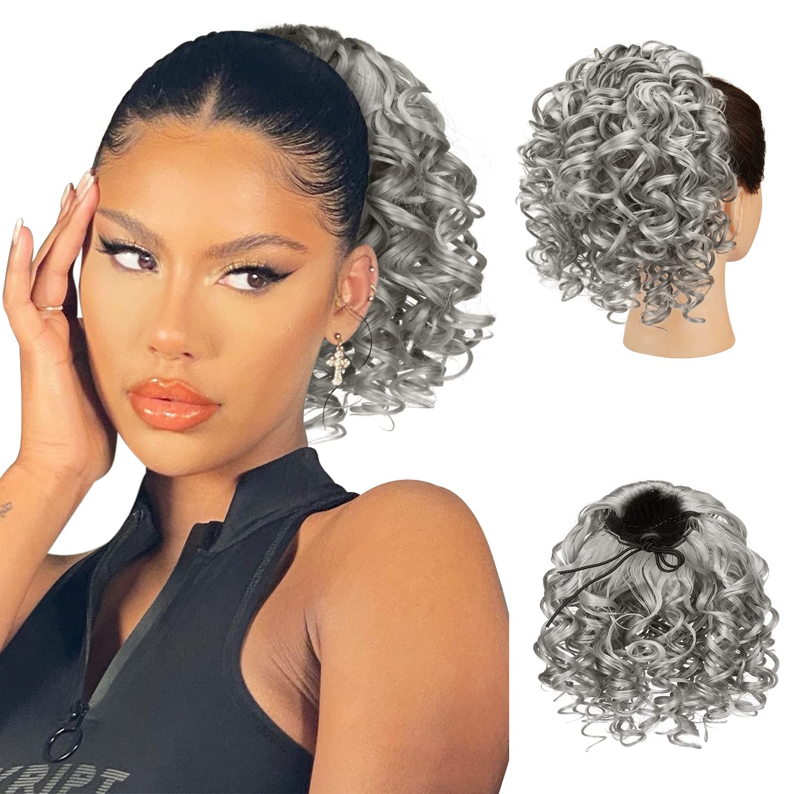 PEACOCO Curly Ponytail Extension Drawstring Ponytails for Black Women - 6 Inch Pony Tail Clip on Ponytail Synthetic Short Afro Hairpiece for Daily Use