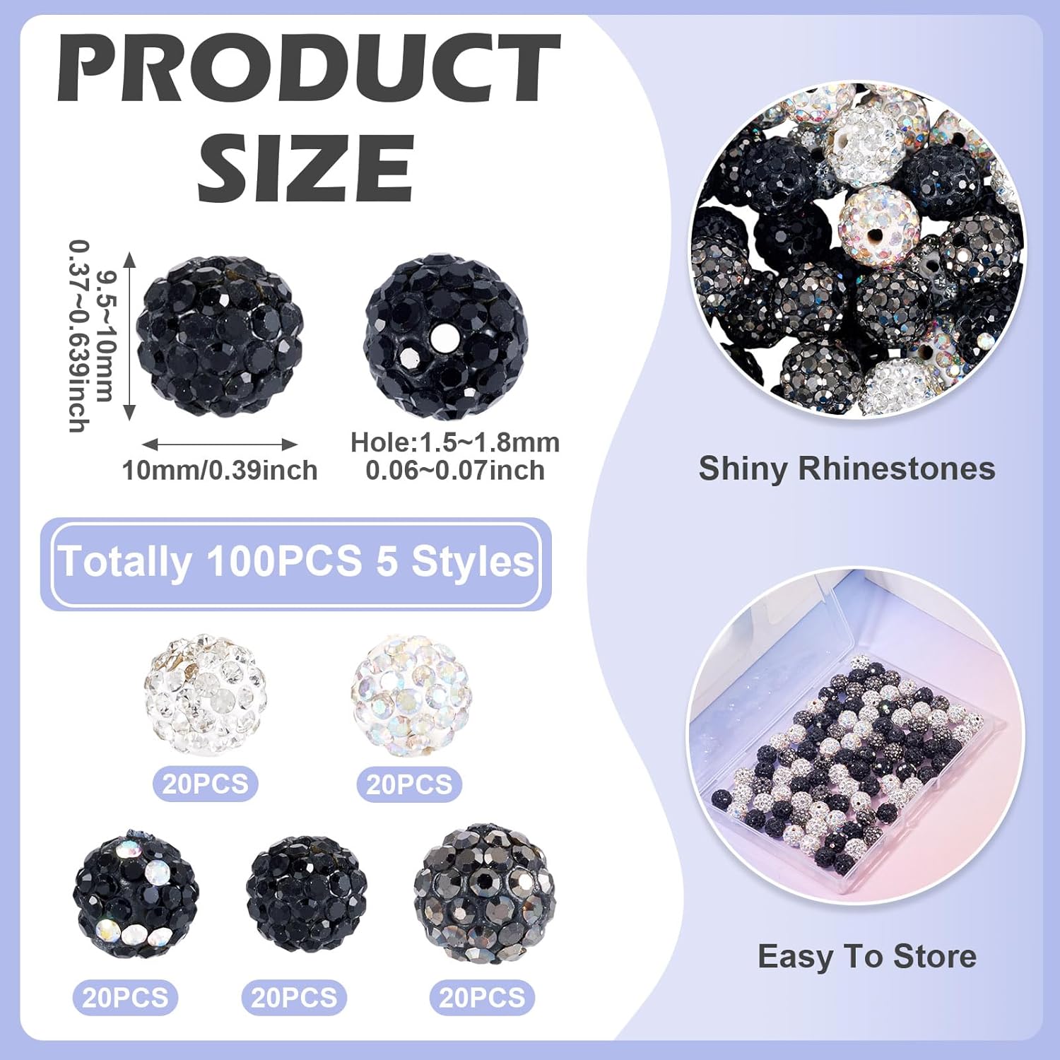 Cheriswelry 100Pcs Rhinestone Beads 10mm Round Chunky Disco Ball Beads Black White Polymer Clay Spacer Bead for DIY Craft Bracelet Earring Necklace Jewelry Making - Image 3