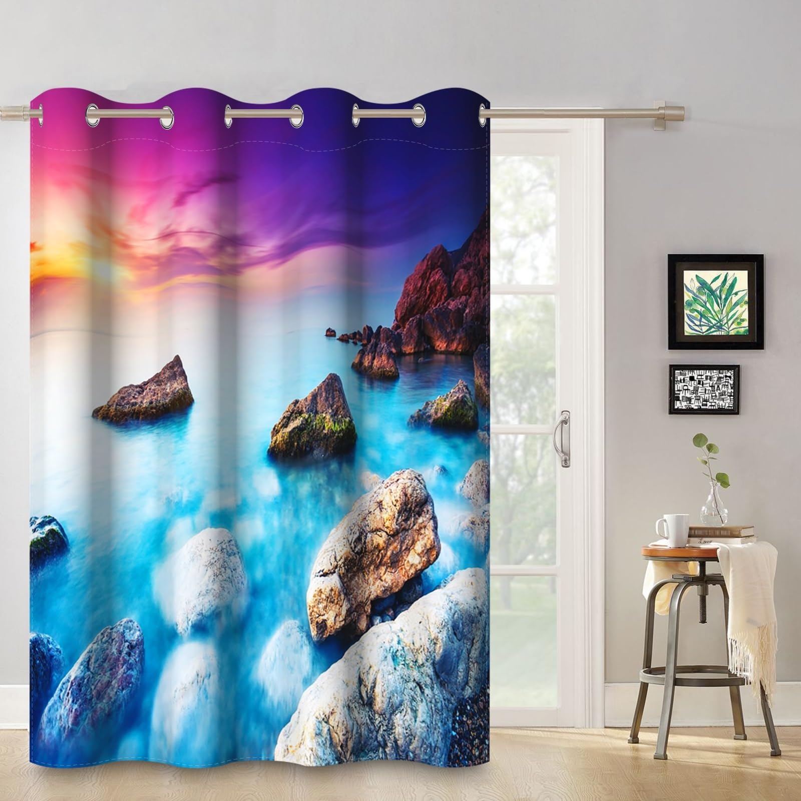 ggaimwf 42"x 63" Ocean Eyelet Curtain Blue Sea Beach Rock Sunset Fantastic Natural Scenery Nautical Theme Thermal Grommet Room Dividers Blackout Window Drapes for Bedroom Living Room,1-Single Panel - Image 3
