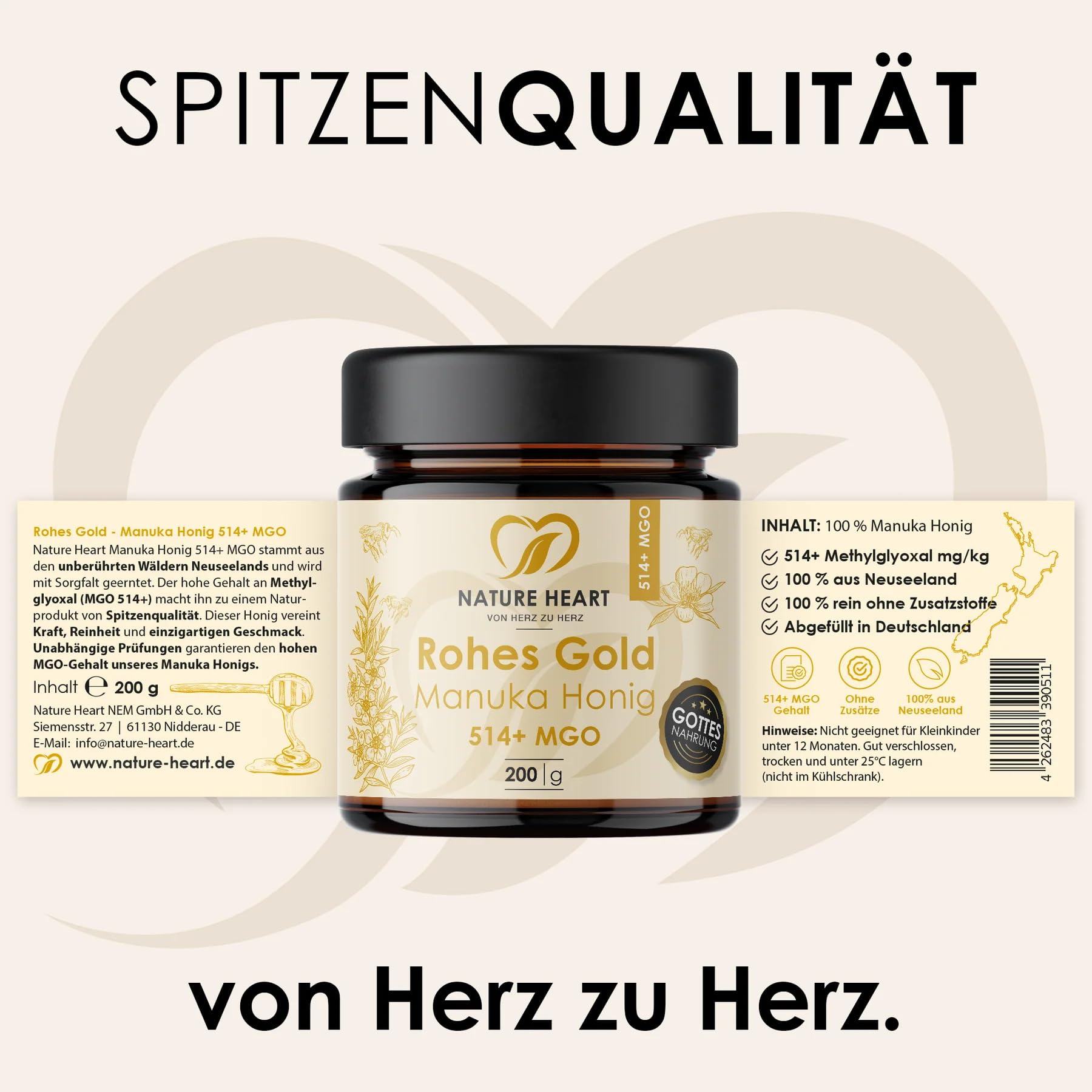 Nature Heart 3x Manuka Honig MGO 514+ | 100% Neuseeland | Roher Manuka Honig | 100% rein ohne Zusatzstoffe | Unabhängig geprüft | Abgefüllt in Deutschland