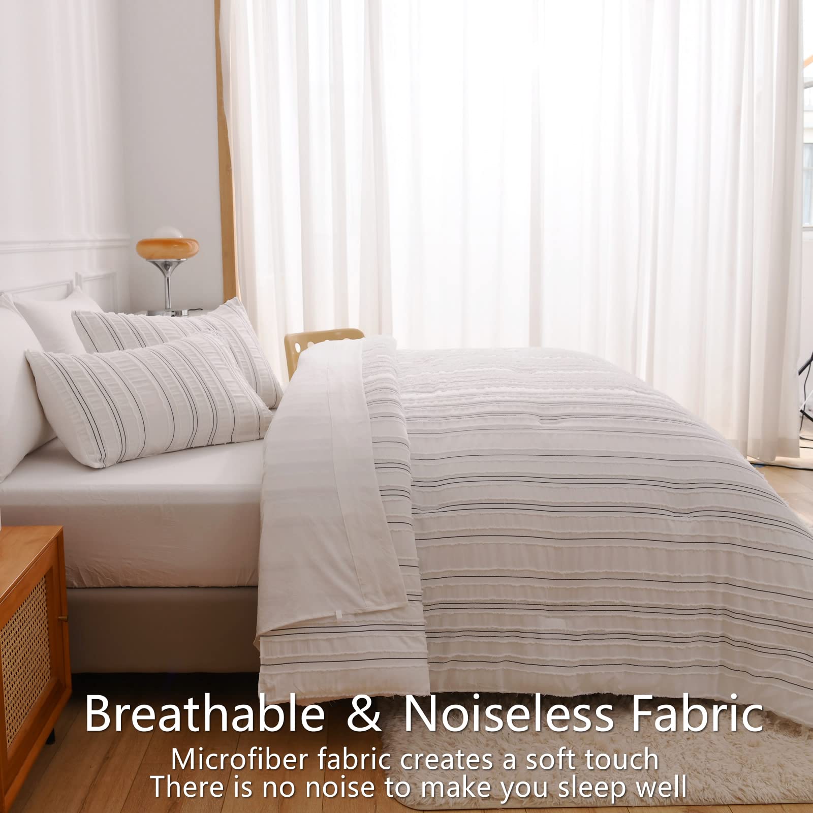 AIKASY Boho Bed in a Bag 7 Pieces Queen Size, Black/White Tufted Comforter Set, Stripe Pattern Design, All Season Cozy Cover with Sheets (Dashed line,90"x90")