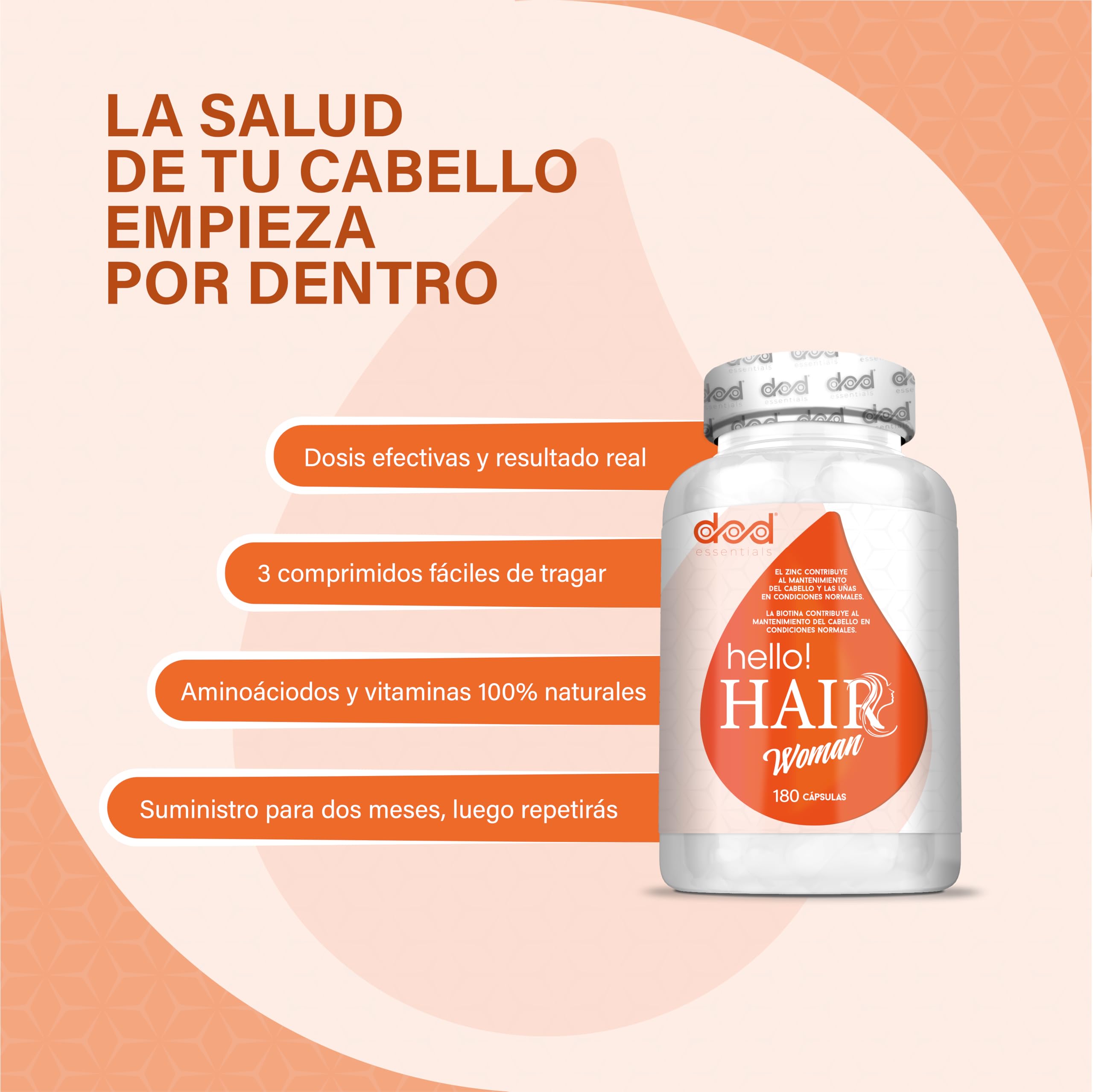 Hello Hair Woman Vitaminas para el Cabello,Uñas y Piel con Biotina, Zinc y Selenio Anticaída Mujer en Cápsulas con MSM y Aminoácidos – 180 Cápsulas (2 Meses) DOD Essentials