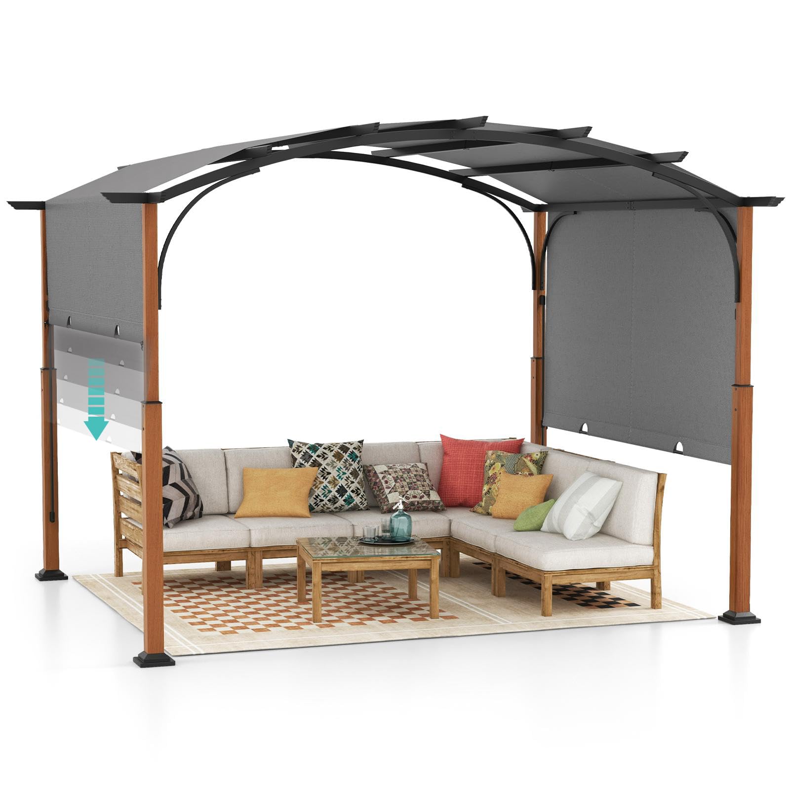 RELAX4LIFE Pergola Jardin Extérieur 3,6x3 M avec Auvent Rétractable, Tonnelle Pergola Métallique avec Toile Réglable Coulissante, Piquets de Sol, Protection UV, Pergola pour Jardin Plage Cour (Gris)