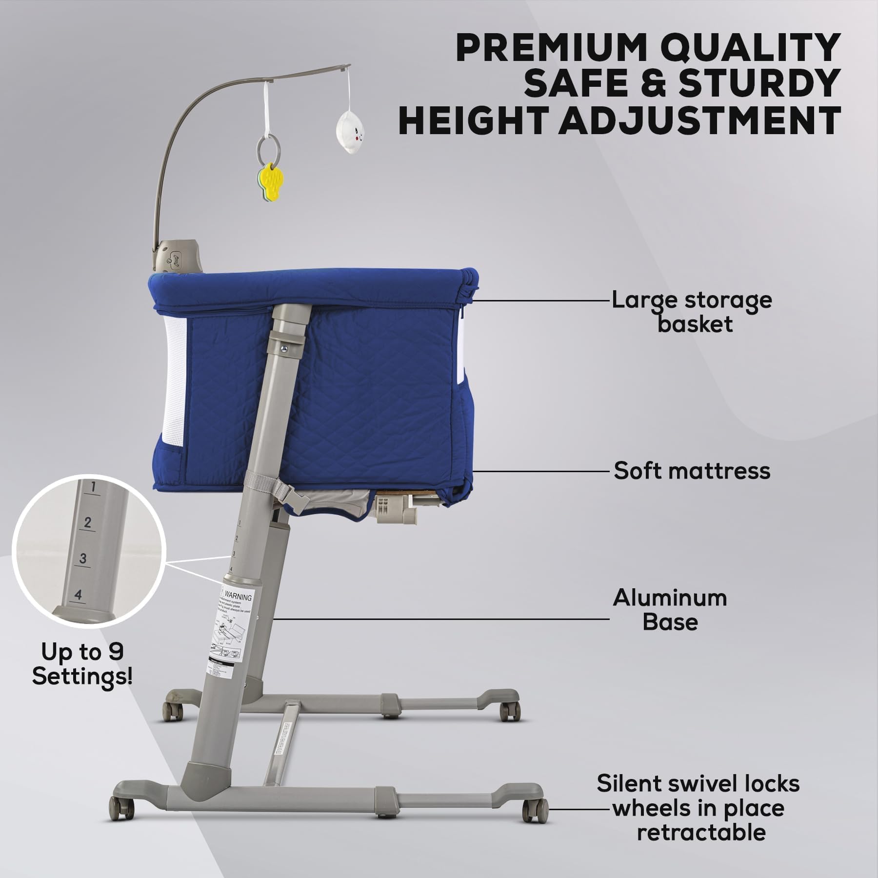 BAYBEE Premium Pro Bedside Crib Cradle for Baby | Bassinet for New Born with 6 Height Adjustable & Rocking Mode | Foldable Cot with Mosquito Net & Storage | Portable Bedside Baby Cribs & Cots (Grey) 2