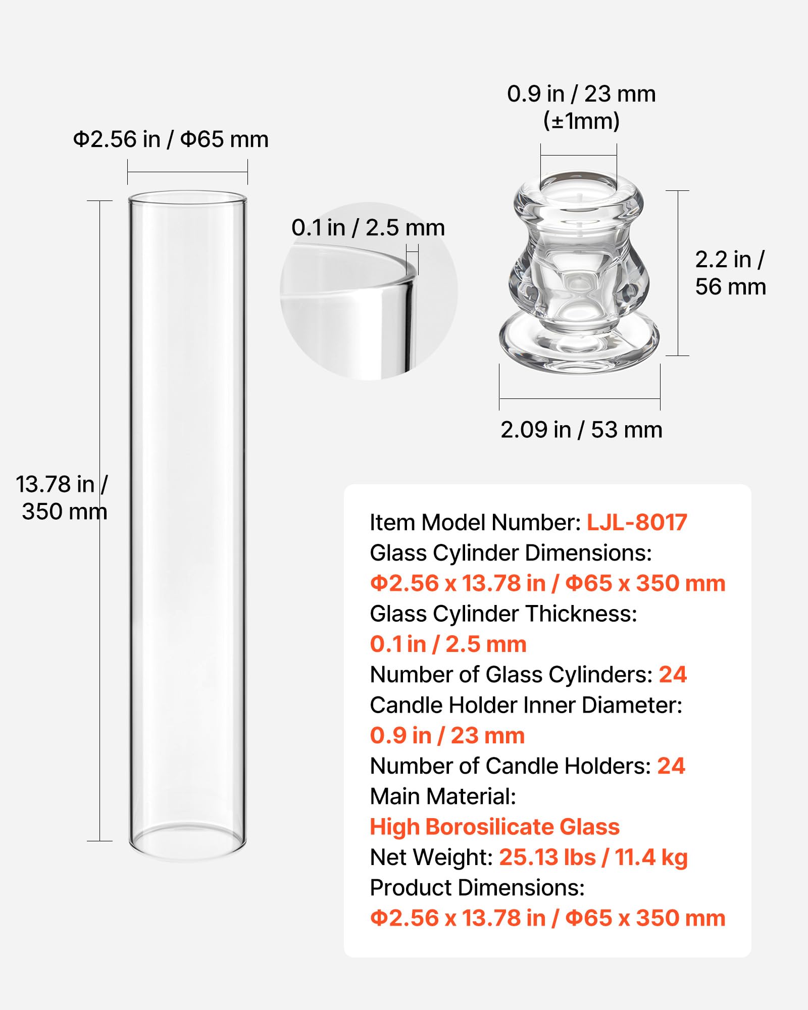 VEVOR Set di 24 Portacandele Hurricane, Portacandele da Tavolo, Cilindri in Vetro Trasparente 65 x 350 mm, Vetro Borosilicato di Alta Qualità, Centrotavola per Matrimoni, Feste e Decorazioni Moderne