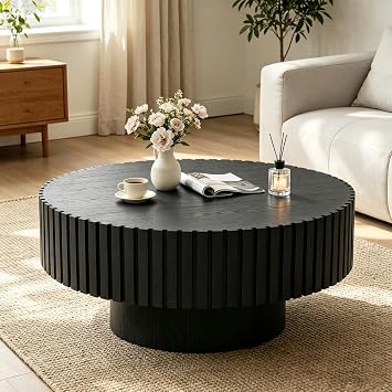 31.5" Round Fluted Coffee Table Wood,Drum Coffee Table