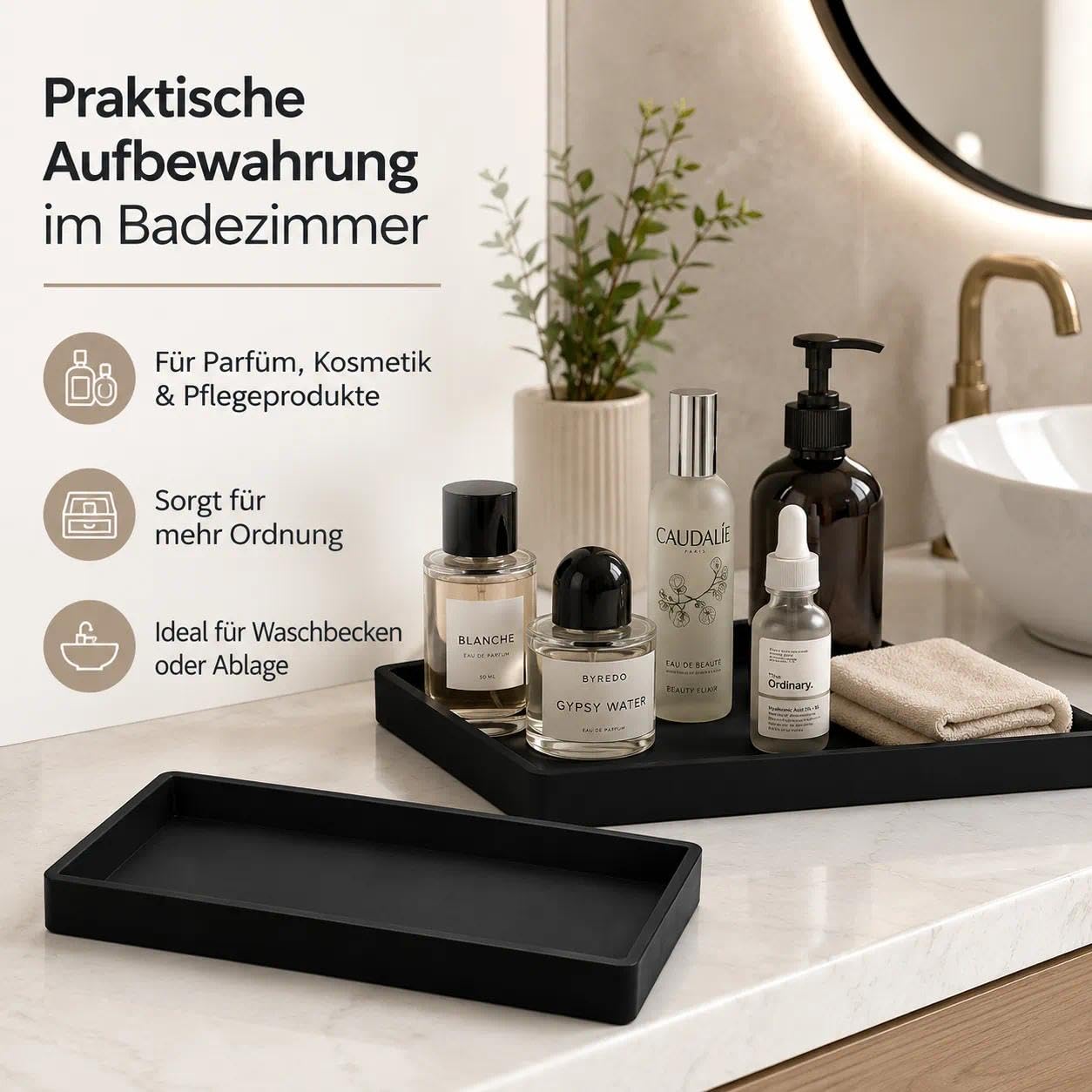 2er-Set Badezimmer Deko Tablett, Schwarz, Silikon, 20 x 10 x 2 cm