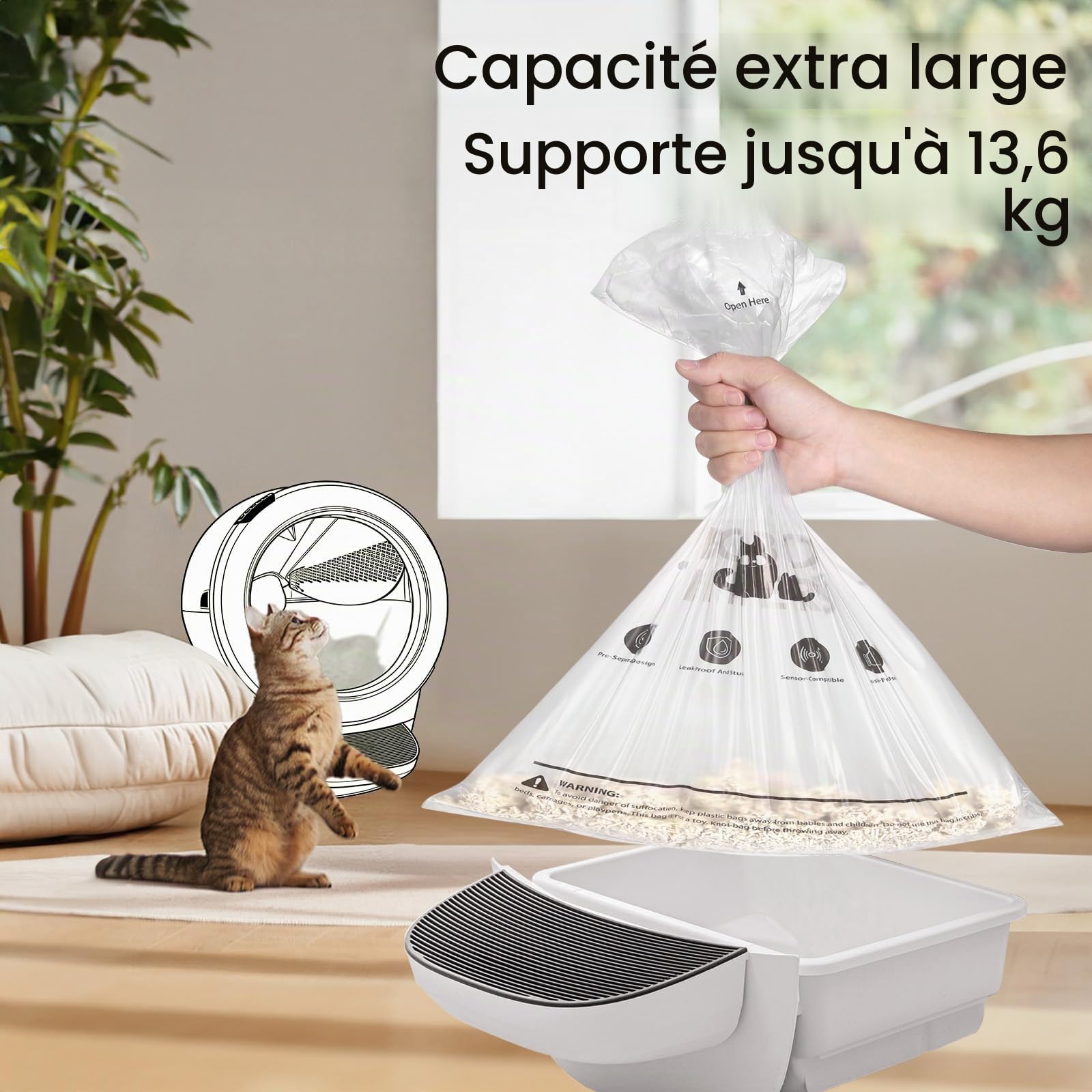 Lot de 90 sacs à litière pour chat, modèle robot, 5/4/3, résistants aux déchirures, transparents, compatibles avec les capteurs, pré-séparés, sacs à litière automatiques, capacité de 24,5 à 38 litres