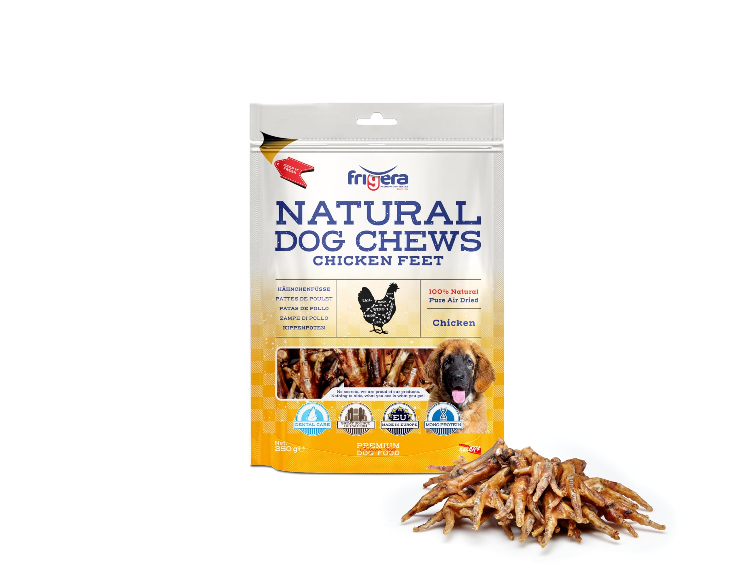 Frigera Pattes de Poulet 250g – Friandises Naturelles pour Chien sans additifs, sans Gluten ni céréales, favorisent la Digestion et la santé articulaire