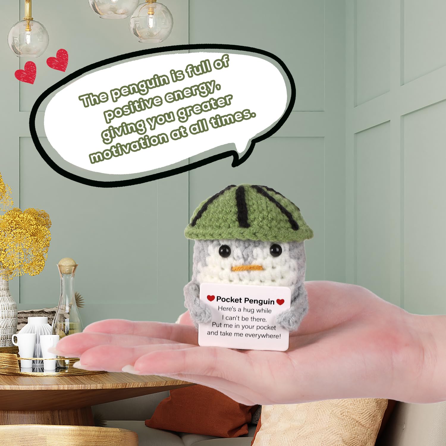 Peluche Pingouin Au Crochet Avec Carte Positive - Jouet Câlin Poche, Décoration Encouragement, 10 Cm