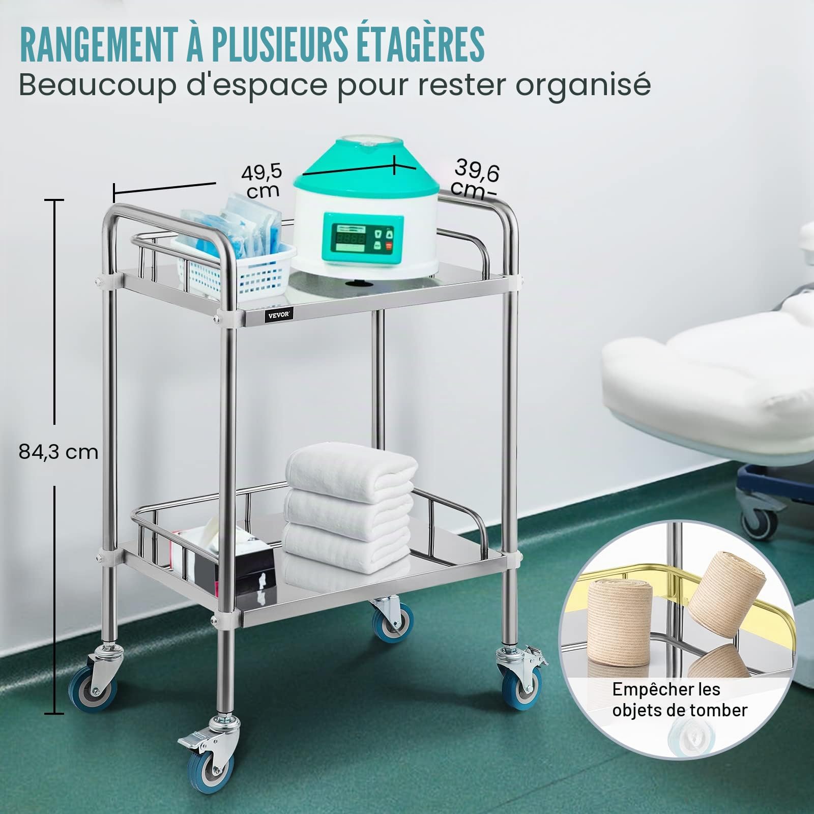 VEVOR Chariot de Laboratoire à 2 Étages, Service Médical 50*40*85 cm, Servante d'Atelier en Acier Inoxydable, Outil de Montage pour Hôtel, Salon, Beauté