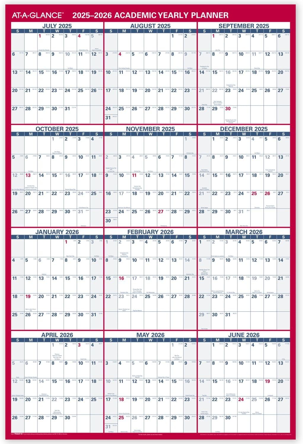 AT-A-GLANCE Erasable Calendar 2025-2026, Dry Erase Wall Planner, 48" x 32", Extra Large, Academic Year, Double Sided, Horizontal/Verical (PM36AP28)