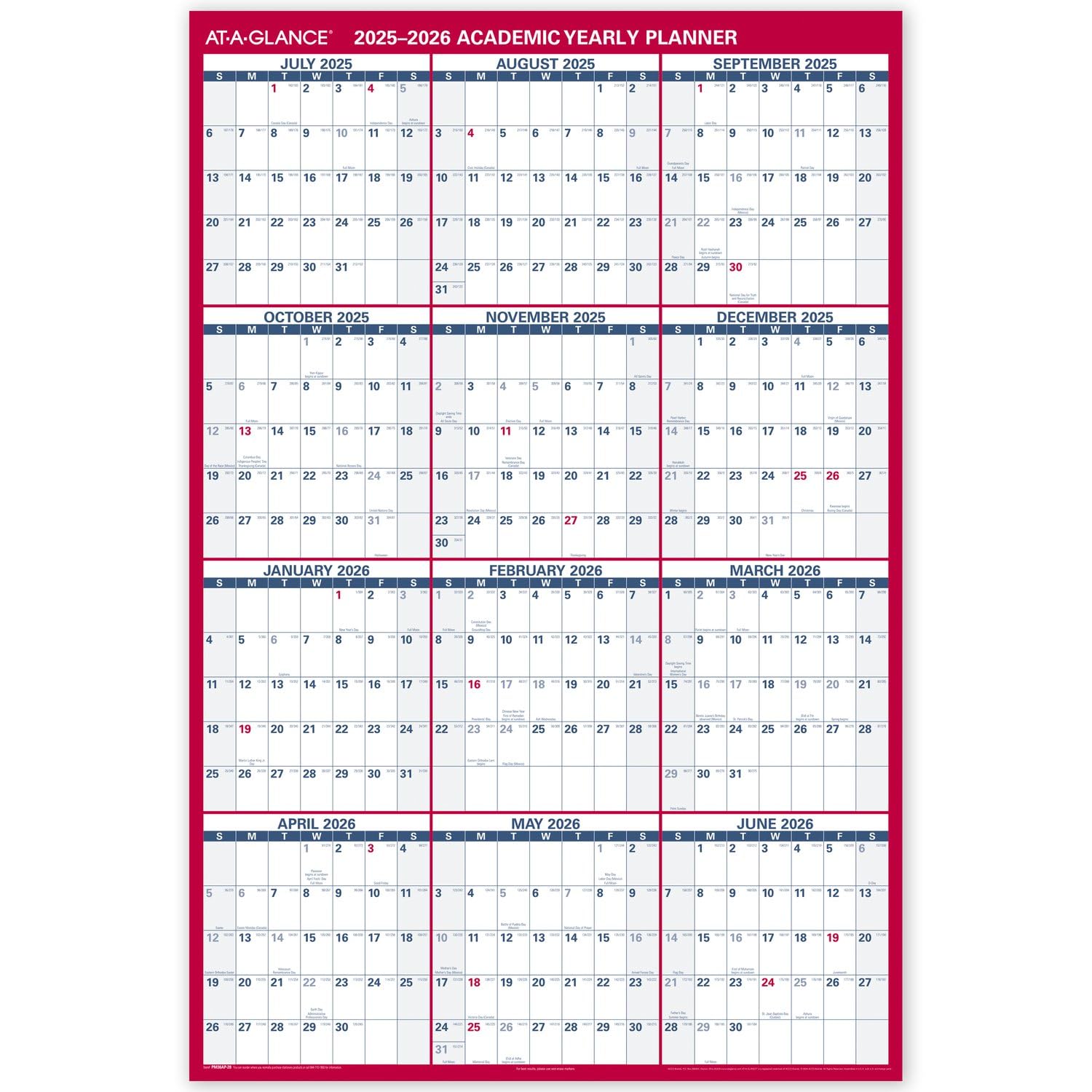 AT-A-GLANCE Erasable Calendar 2025-2026, Dry Erase Wall Planner, 48" x 32", Extra Large, Academic Year, Double Sided, Horizontal/Verical (PM36AP28)