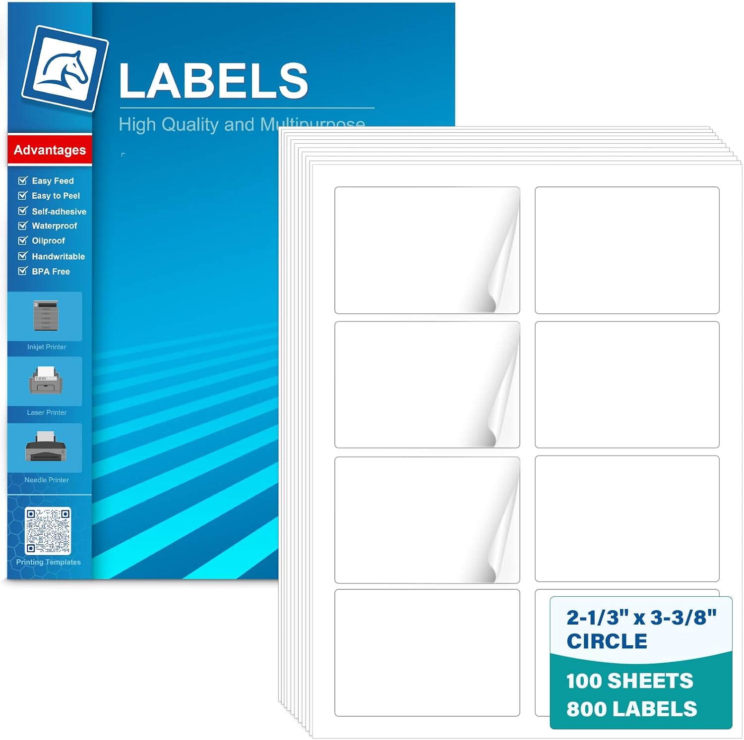 2 1/3" x 3 3/8" Name Tag Stickers,Printable Name Tags for Laser & Inkjet Printers,Shipping, Packaging, Product,Name Tags & Barcode,100 Sheets,800 White Adhesive Stickers with Template,Pony Packaging