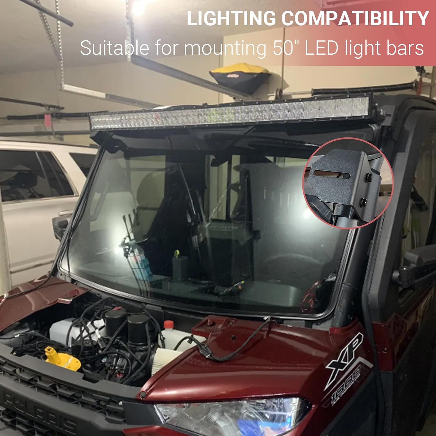 UTV Upper Windshield 50 inch Curved Straight LED Light Pro-fit Cage Mounting Brackets Compatible with Polaris Ranger 500 570 XP 900 1000