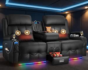 Reclining Loveseat Sofa with Massage, Console, Bluetooth Speakers & LED Lighting - Wall Hugger Design for RV, Home Theater & Living Room