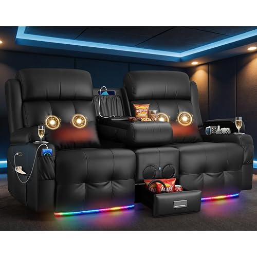 Reclining Loveseat Sofa, RV Loveseat Recliner Wall Hugger Couch, Home Theater Seating, Massage Loveseat with Console, USB & Type-C Ports, Storage Armrests for Living Room, Camper, Game Room, Man Cave