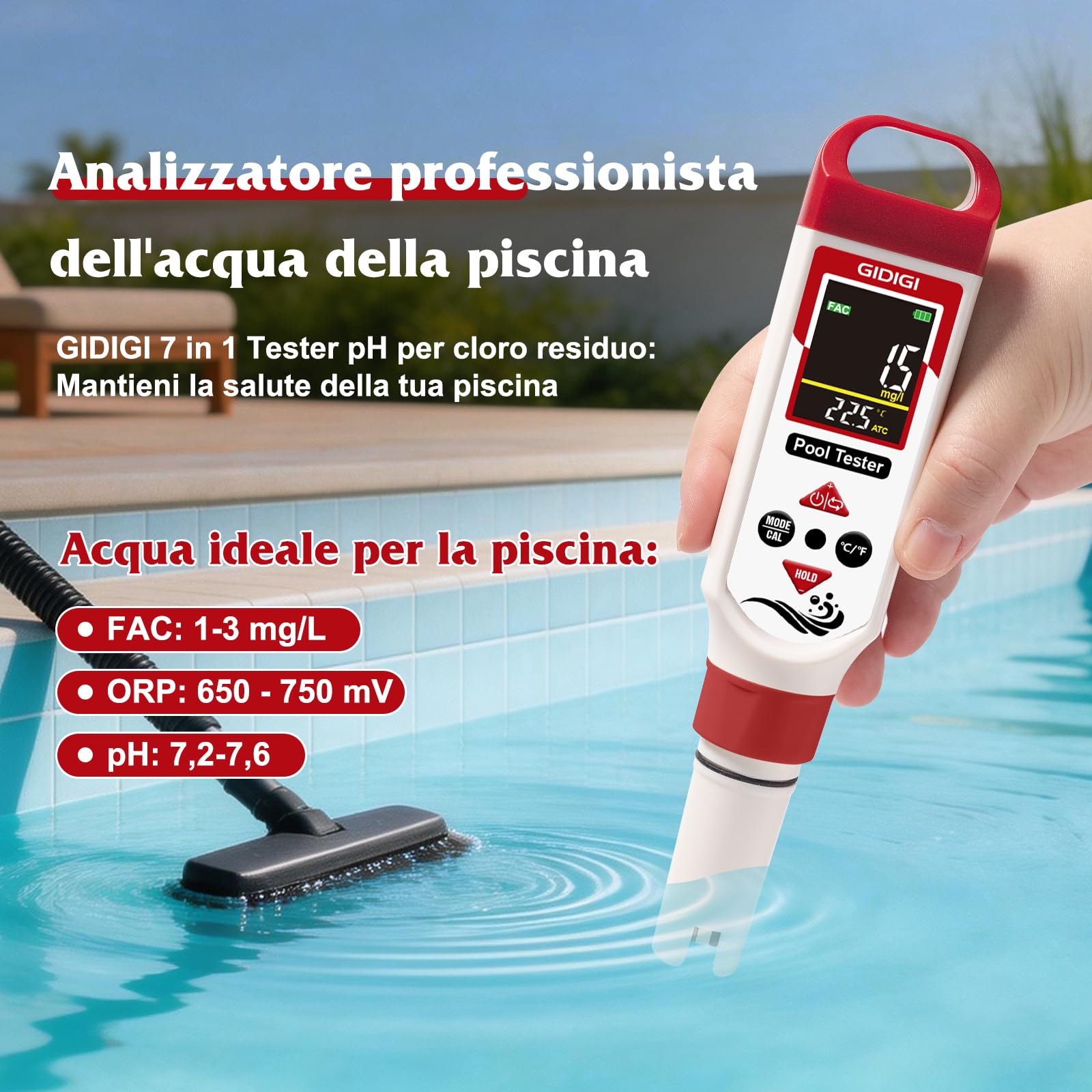Misuratore di pH e cloro 7 in 1 per piscine,tester ORP salinità,test pH, CL,sale,ORP,EC,TDS e temperatura,per acquari,idroponica,acqua potabile e vasche idromassaggio,con liquidi calibrazione