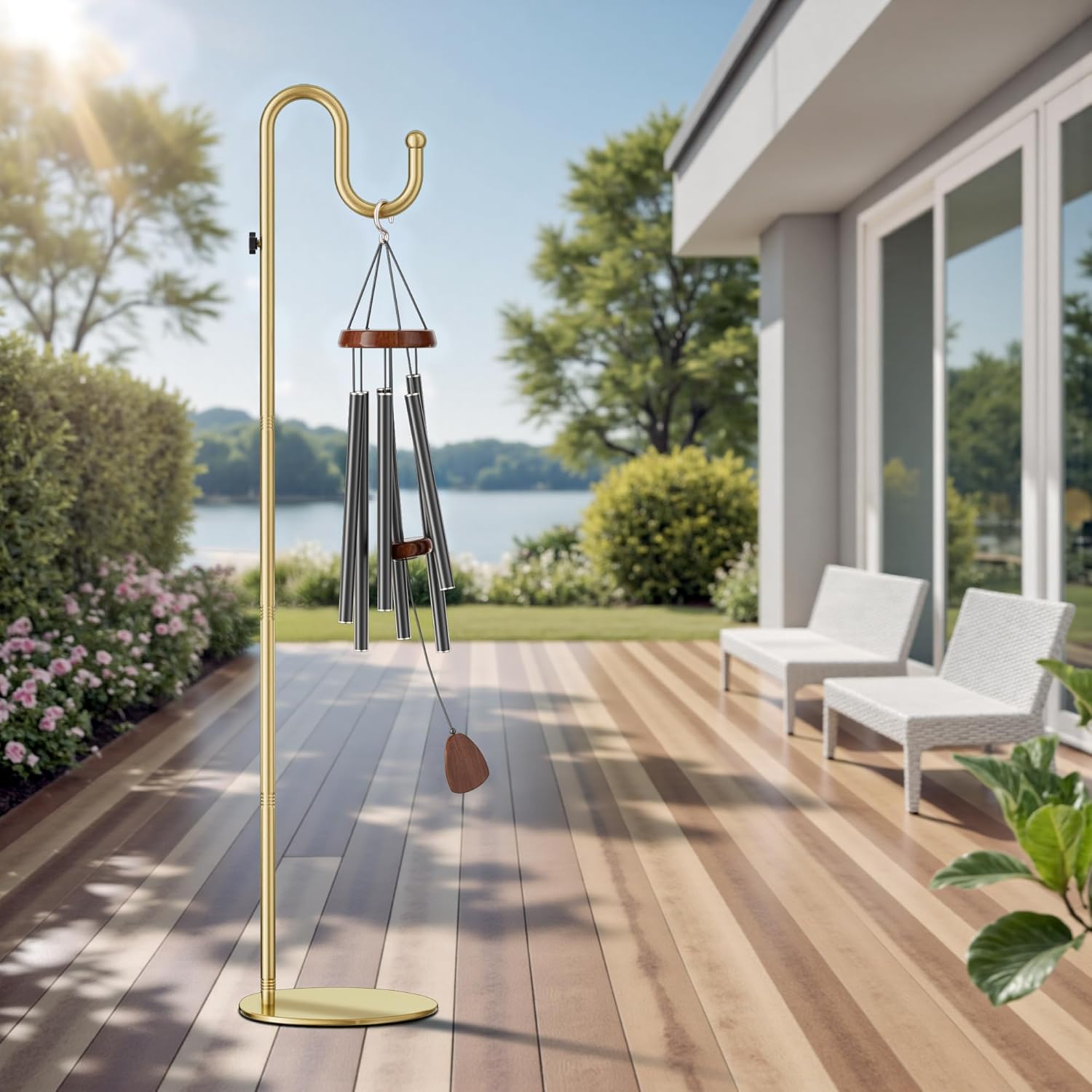 74" Gold Shepherds Hook Stand–Adjustable Free Standing Pole Holder for Hanging Bird Feeders, Plants, Lanterns, Wreaths, and Wind Chimes, Heavy Duty Base for Indoor & Outdoor Use, Holds Up to 20 LBS