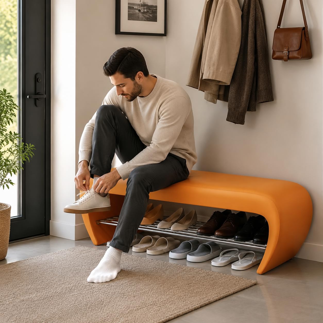 Storage Ottoman Bench with Cushion, Modern Simple Shoe Changing Stool
