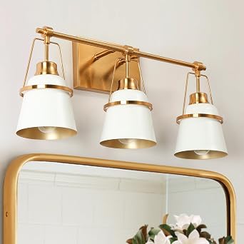 3 Light Bathroom Lights, Modern Gold Vanity Light Fixtures with White Metal Shade 21" Bathroom Lighting for Hallway, Bedroom, Kitchen
