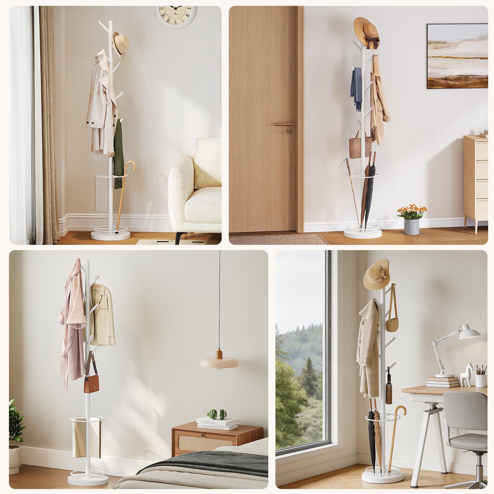 YATINEY Appendiabiti ad Albero con Portaombrelli, Attaccapanni da Terra 179 cm Autoportante per Ingresso e Corridoio, Appendiabiti Multilivello per Cappelli Borse Giacche, Bianco XYM03WW