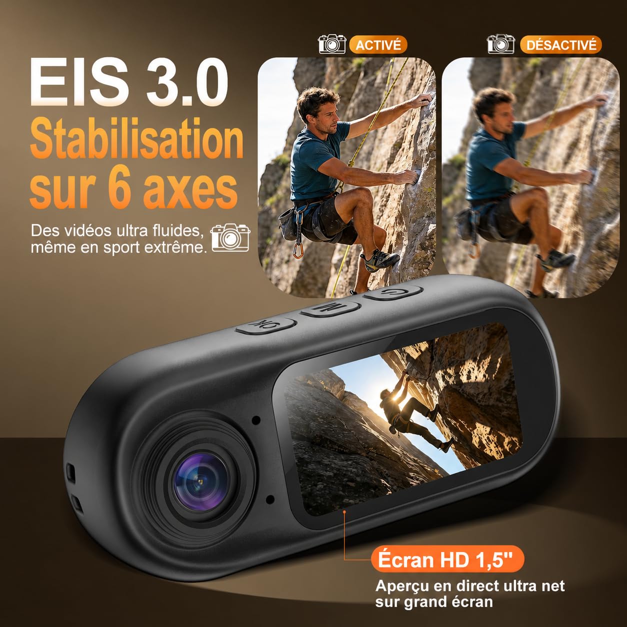 Mini Caméra Sport 4K 30FPS, Photos 64 MP, WiFi, Bluetooth, EIS 6 axes | Écran HD 1,5", Carte U3 32 Go, 35 g, Autonomie 130 min, Boîtier étanche 30 m et Kit Casque/Vélo.
