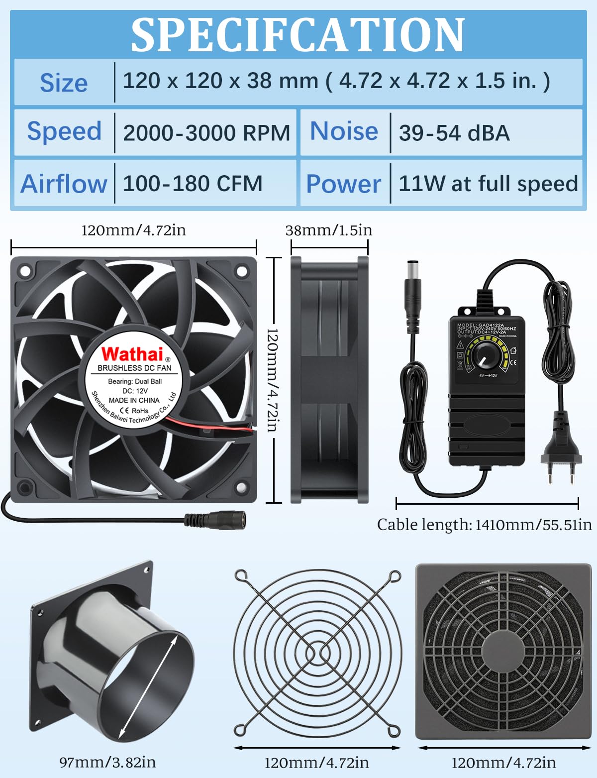 Wathai 120mm x 38mm Lüfter Rohrventilator Abluftventilator Rohrlüfter 100mm mit 230V 220V Geschwindigkeitsregler für Gewächshaus Rauchabzug, PC Computer