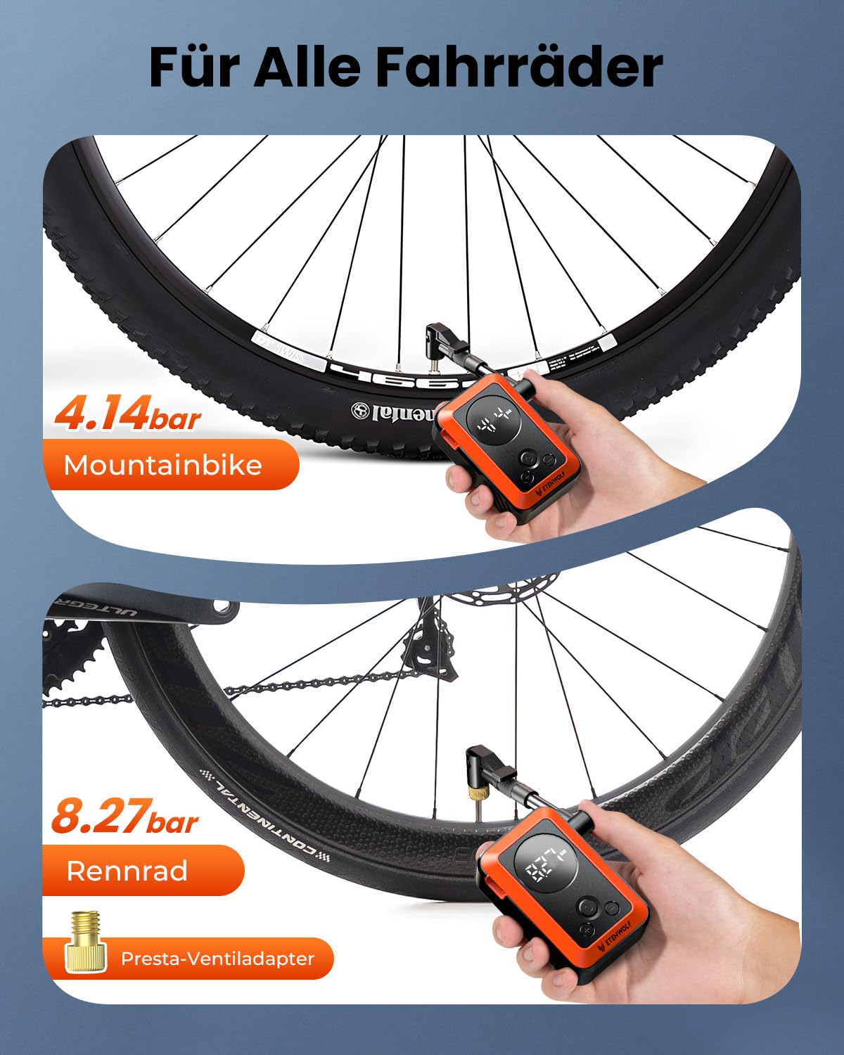 ETENWOLF Elektrische Fahrradpumpe,10,34 BAR Tragbare Reifenpumpe | Mit Presta&Schrader Ventil,Schnellbefüllung Sowie Auto-Stopp Luftpumpe,Mit Manometer Für Fahrräder,Mountainbike&Ball,Schwarz