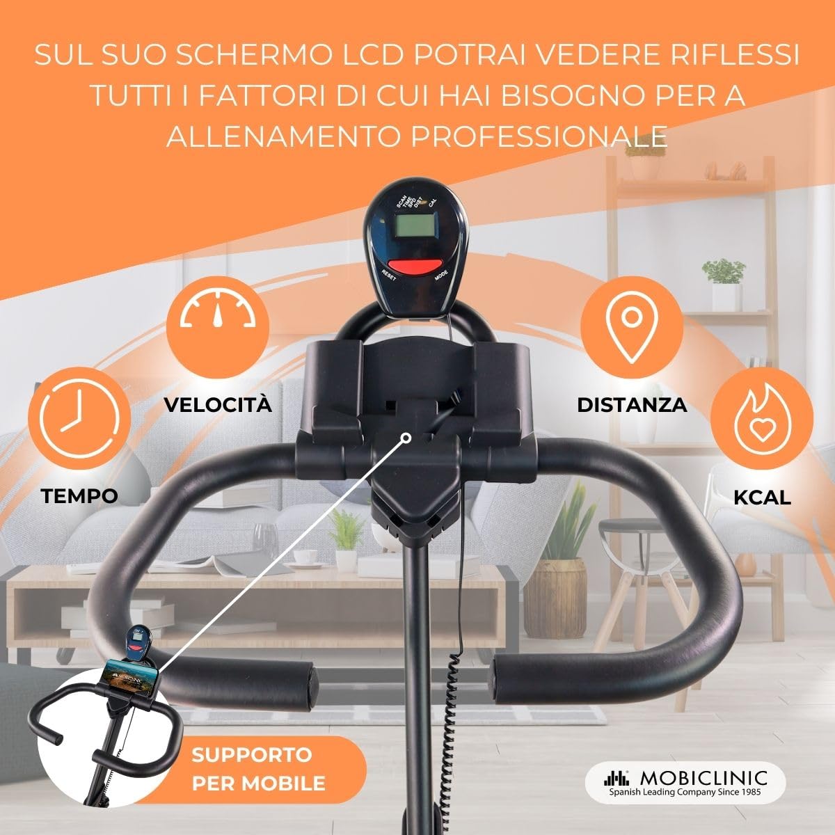 Mobiclinic® fitness, Cyclette da casa, Volano 10 kg, Resistenza regolabile, Makalu, Completamente, Display lcd, Marchio europeo, Cardiofrequenzimetro, Porta cellulare
