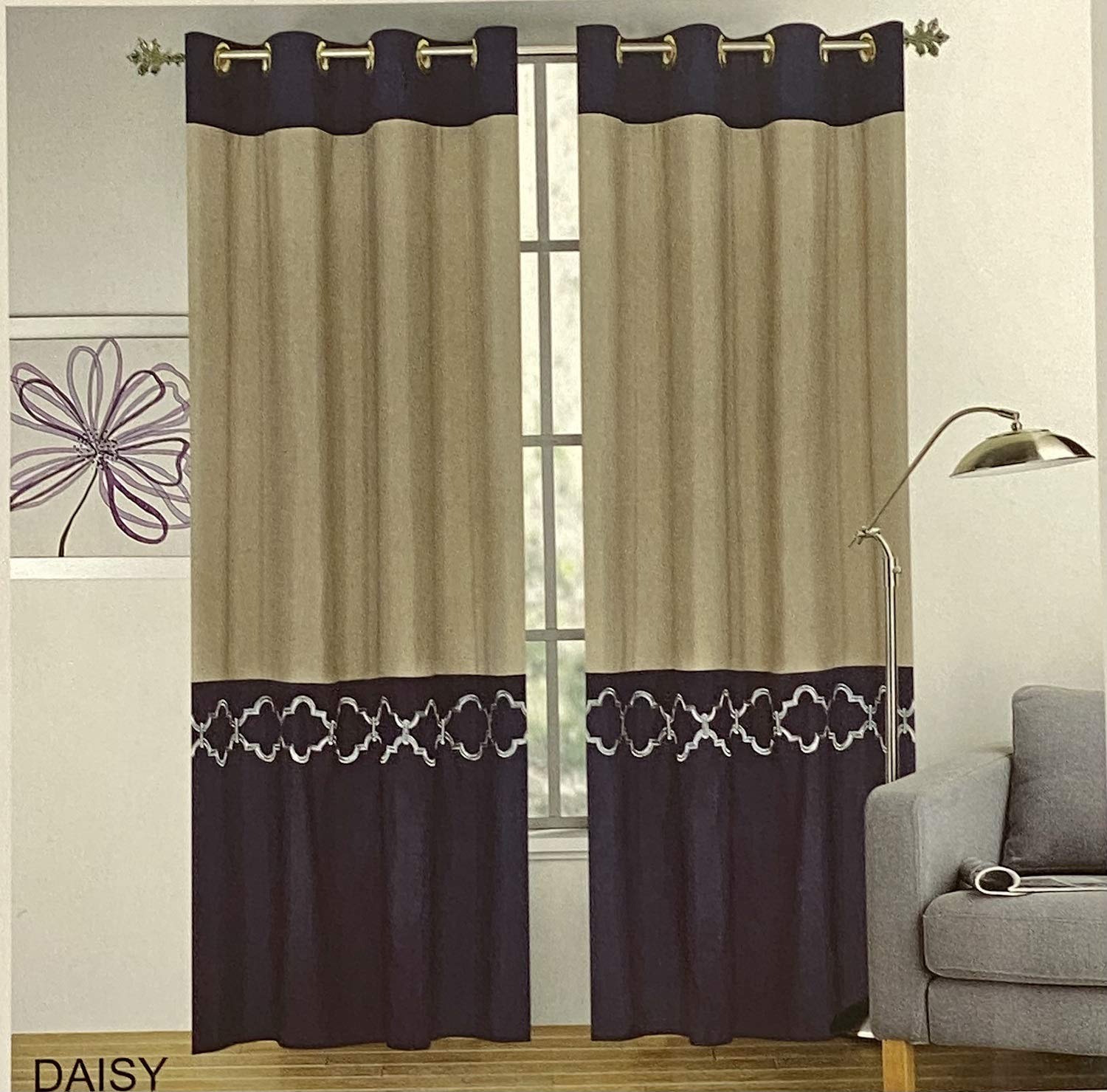 2 Pieces Curtain Set Taupe Navy Blue Luxury Embroidery Panels Grommets Drapes- Daisy