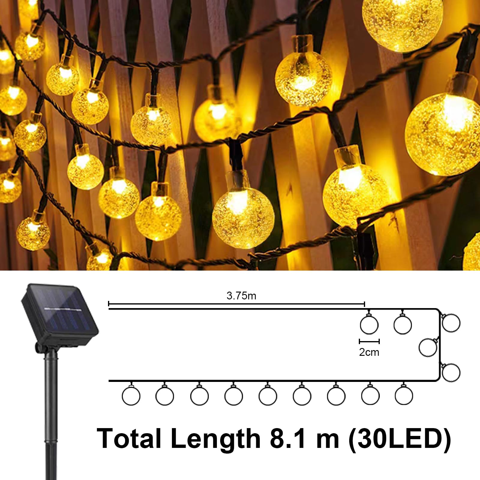 LQWELL® Guirnaldas de Luces Solares para Jardín Exterior, Cadena de Luces Solares 30LED 8M 26FT IP44 8 Modos Guirnaldas de Luces para Patio Exterior/Interior Balcón Ventana (Blanco Cálido)
