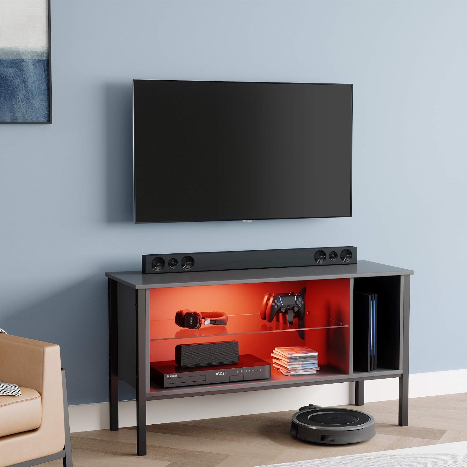 Bestier TV Stand for 50 inch TV, Gaming Entertainment Center with LED Light for Living and Bedroom, Modern TV Console with Glass Storage Drawers and Shelves, Dark Grey