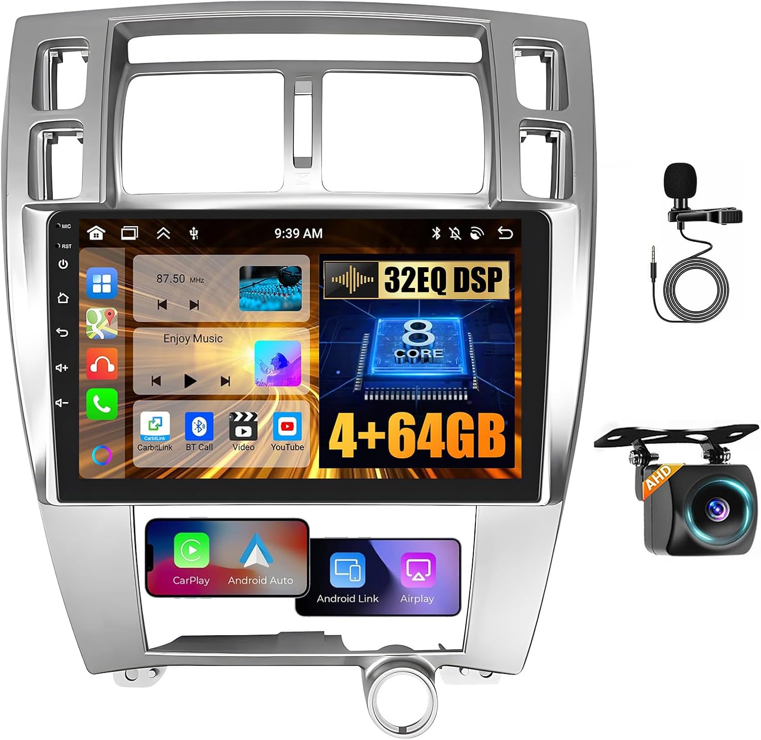 Hikity 8 Core 4+64G Android Car Stereo for Hyundai Tucson 2006-2009, 10.1 Inch IPS Touchscreen Car Radio Wireless Carplay Android Auto 59UI GPS WiFi 32EQ DSP Backup Camrea