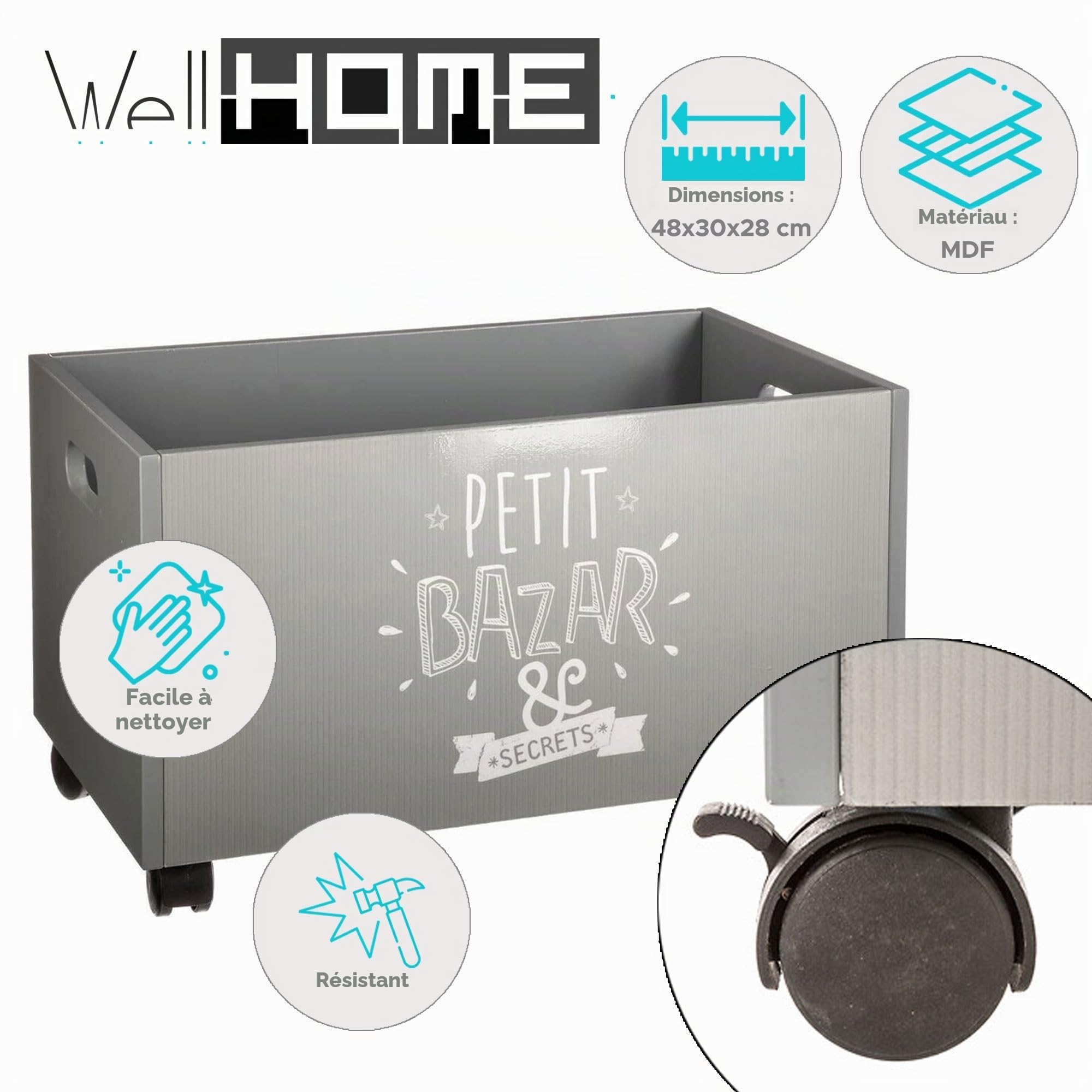 WELL HOME MOBILIARIO & DECORACIÓN Coffre à jouets gris à roulettes pour enfants - L 48 x l 30 x H 28 cm
