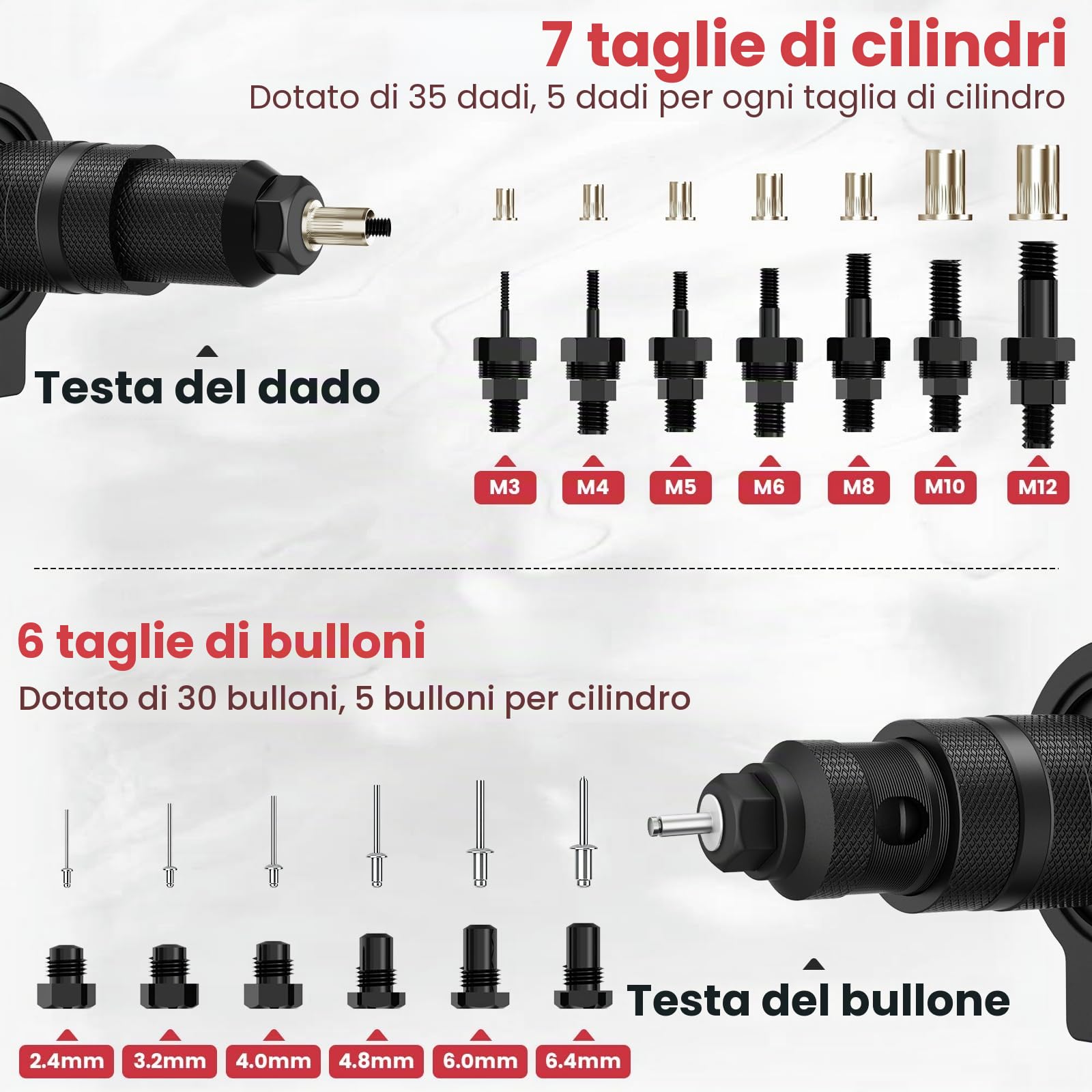 Beaspire Adattatore Rivettatrice per Trapano 2 in 1, per Rivetti Ciechi e Dadi Rivettati, Compatibile con Avvitatore a Batteria, 2,4–6,4 mm, M3–M12