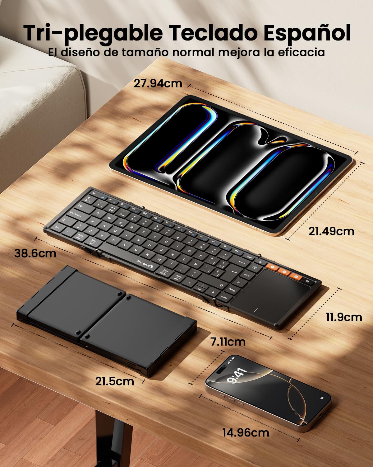 ProtoArc Teclado Inalambrico Plegable con Touchpad, XK01 TP Teclado Bluetooth Español Portatil para Viajes,Tamaño Completo para iPad, iOS, Microsoft Surface, Android, Windows PC Portátil - Negro