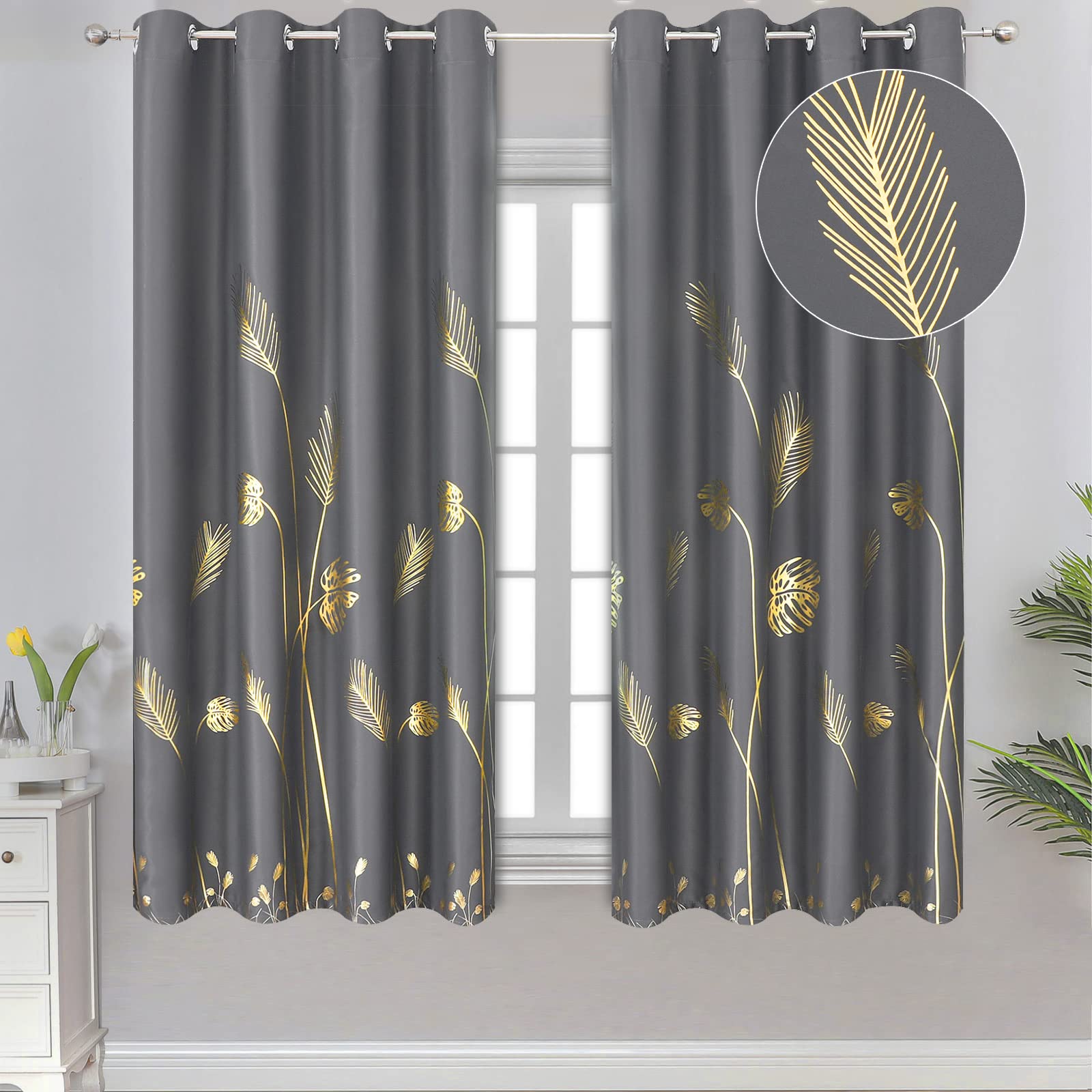 Estelar Textiler Palm Leaves Blackout Curtains 63 inch Length 2 Panels for Bedroom, Light Blocking Blackout Drapes, Thermal Insulated Window Grommet