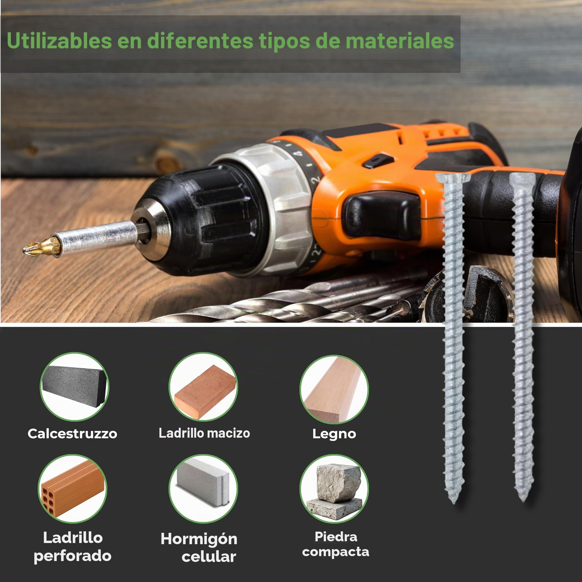 Juego de 100 tornillos de anclaje directo para hormigón, tornillos de pared sin taco, huella Torx, Turbo tornillos, turbotornillos para hormigón – TPS cabeza avellanada, 7,5 x 120 mm