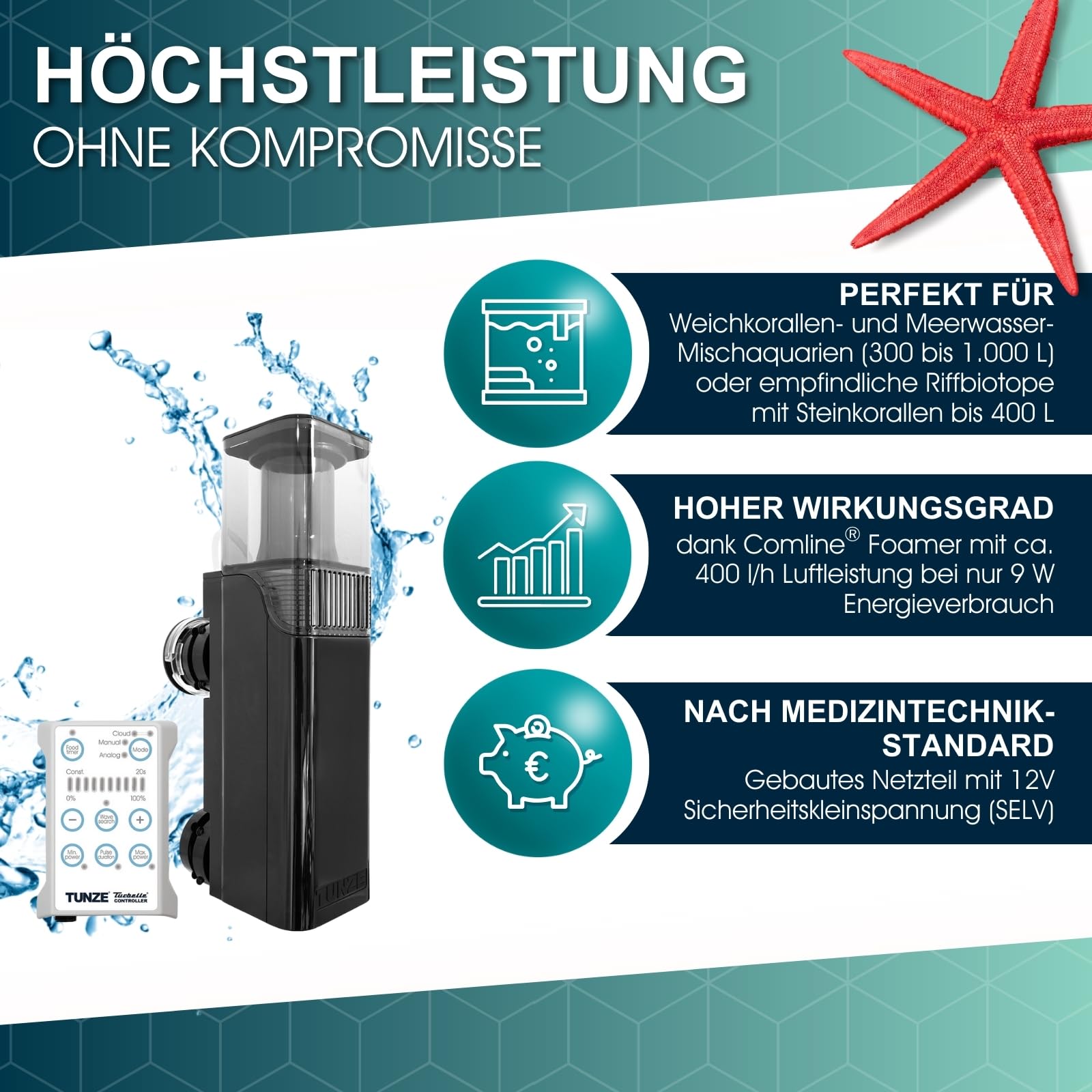 TUNZE Comline DOC Skimmer 9012 DC I Oberflächenabsaugung für Aquarien mit 200-1200 L I energieeffizienter Eiweißabschäumer mit Magnethalterung