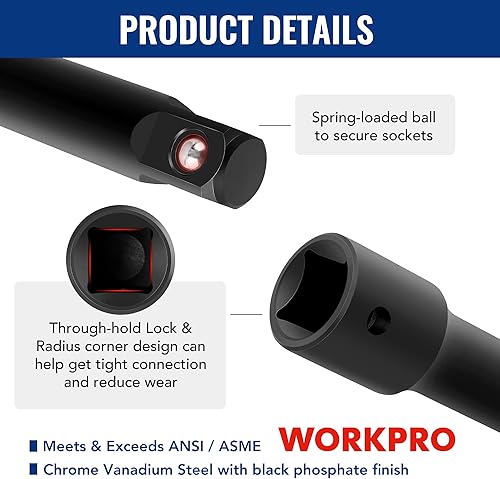 Miniatura 4 de WORKPRO Juego de extensión de enchufe de impacto de 18 piezas, incluye adaptadores de enchufe, juego de extensión de trinquete, barra de extensión