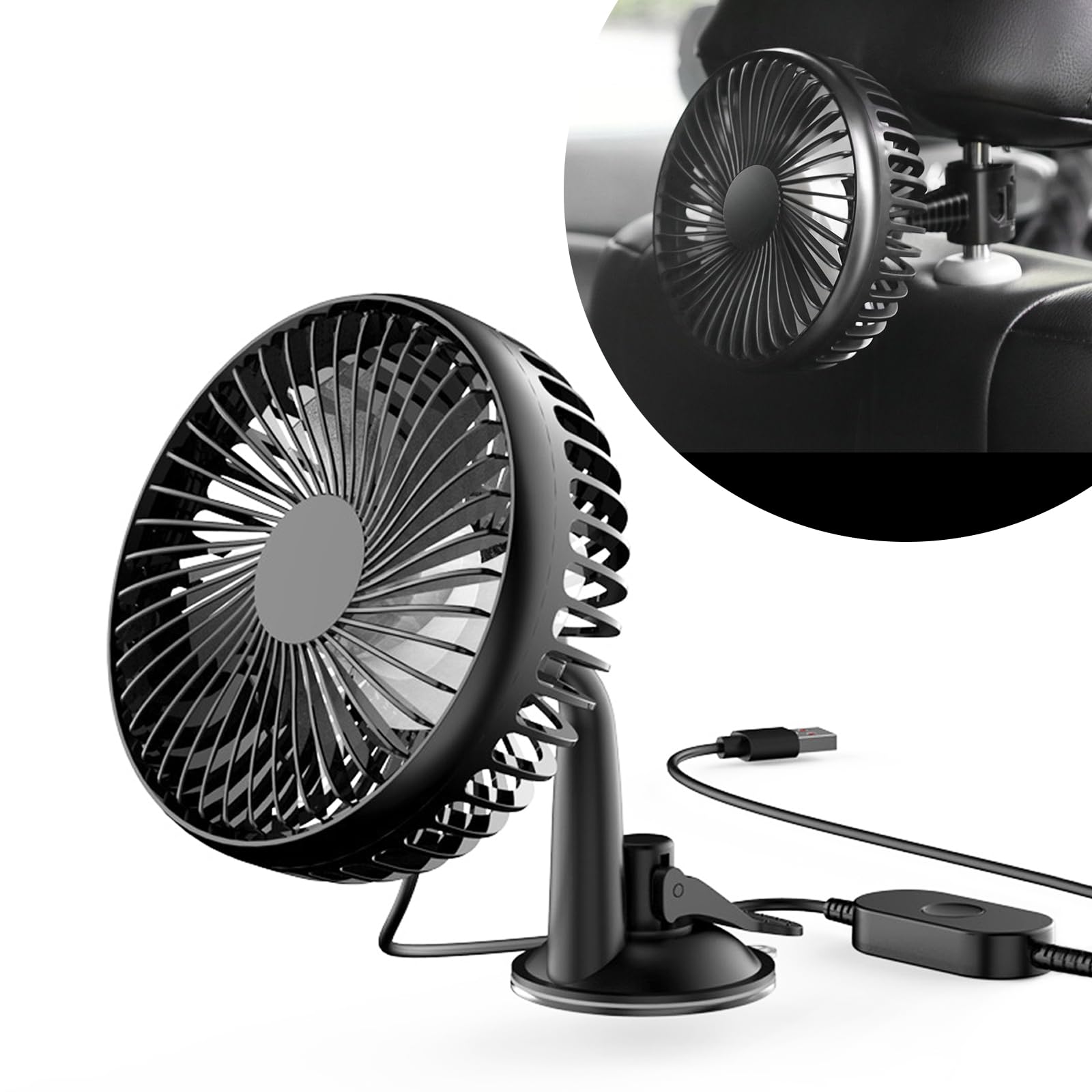 gunhunt 1 Pack Car Fans for Rear Seat, 360 Degree Rotatable Portable Vehicle Cooling Air Fan, Keeps Car Cool,Universal 3 Speed Regulation Durable Stowable Automotive Fan Accessories (Black)